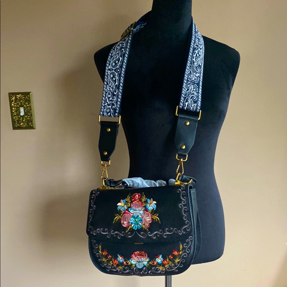 Sharif Black Floral Embroidered Crossbody Bag